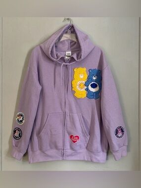 Rare CARE BEARS Funshine/Grumpy Bear Embroider Purple Zip Hoodie Sweatshirt XL